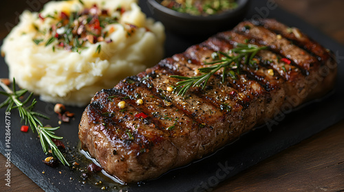 Obraz na płótnie Grilled lamb chops with rosemary and garlic served with mashed potatoes w salonie