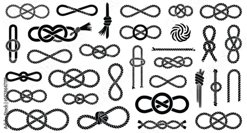 Collection of various rope knots in black and white vector illustration