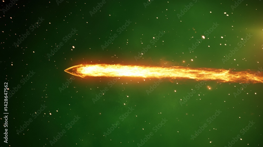 Bright Fiery Comet Flying Through Dark Green Starry Universe Space