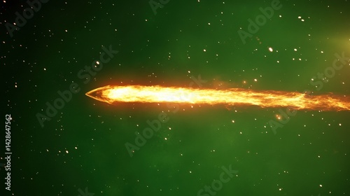 Bright Fiery Comet Flying Through Dark Green Starry Universe Space