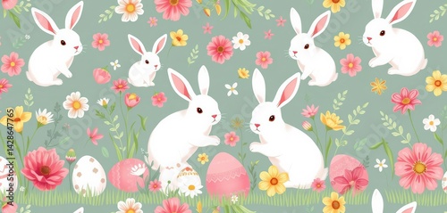 Adorable Easter seamless pattern featuring white bunnies, eggs, and spring flowers Perfect for spring designs, illustration, art