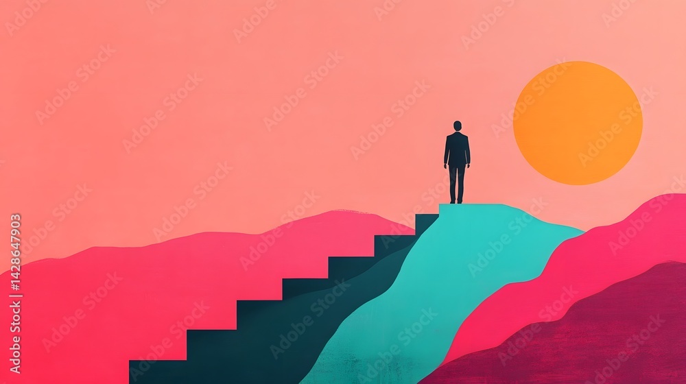 custom made wallpaper toronto digitalSilhouetted Figure Climbing Abstract Staircase in Vibrant Landscape