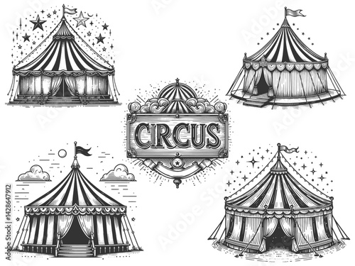 circus tents set collection bundle sketch engraving generative ai vector illustration. Scratch board imitation. Black and white image.