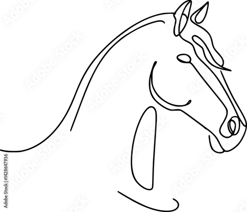 Horse head continuous line drawing, black and white, Abstract equine art with copy space
