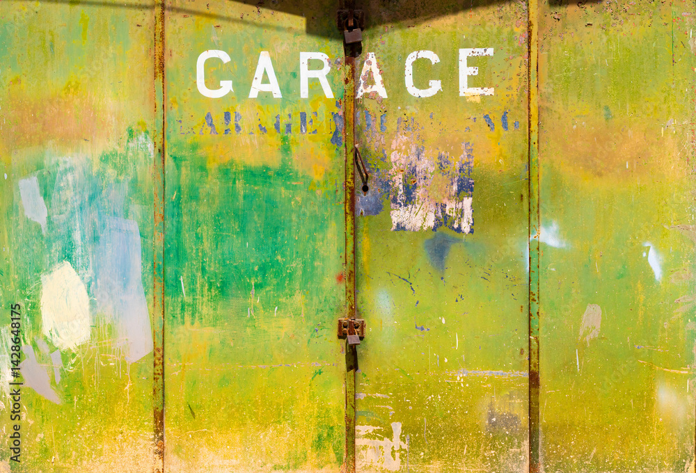 Old rusty green metal garage gate with a lock on it