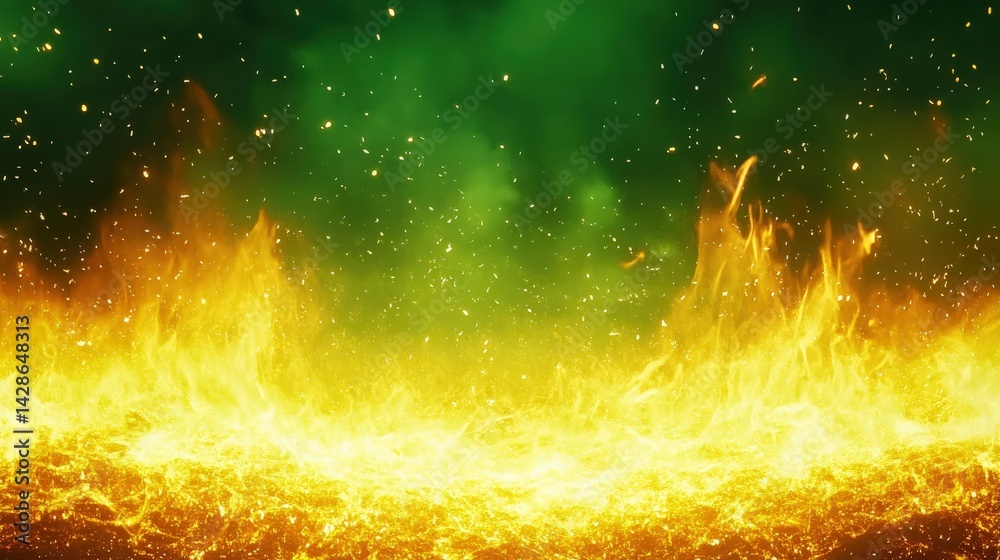 Bright Flames with Sparks on a Green Background for Creative Projects