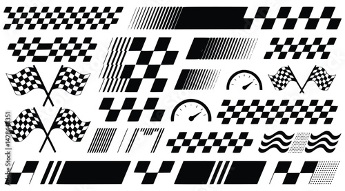 Racing graphics collection with checkered flags and speedometer in black and white