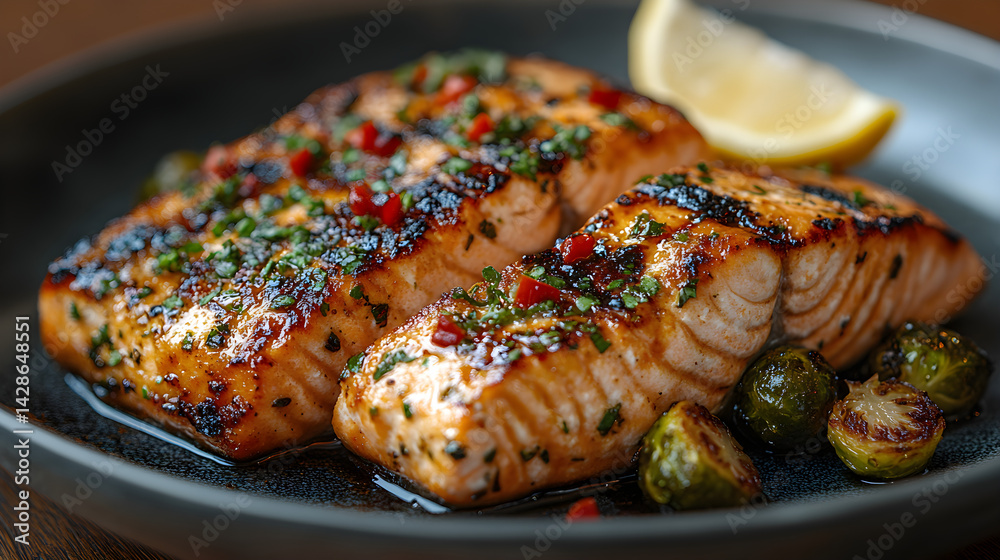 Grilled salmon served with a lemon wedge and roasted Brussels sprouts
