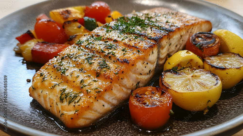 Grilled salmon with lemon and dill served with roasted vegetables