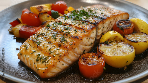 Obraz na płótnie Grilled salmon with lemon and dill served with roasted vegetables w salonie