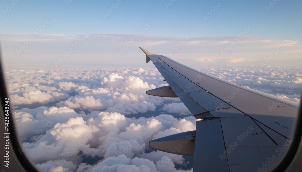 Fototapeta premium Airplane wing above fluffy clouds in a clear sky.