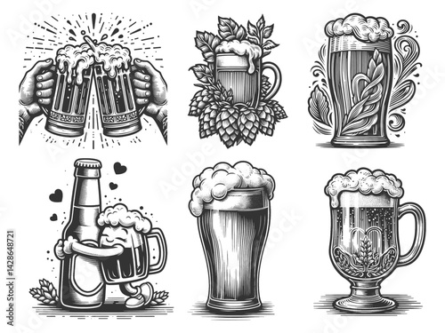 beer mugs, frothy glasses, hop leaves, and cheerful toasts, brewing or festive pub designs set collection bundle sketch engraving generative ai vector illustration. Scratch board. Black and white.