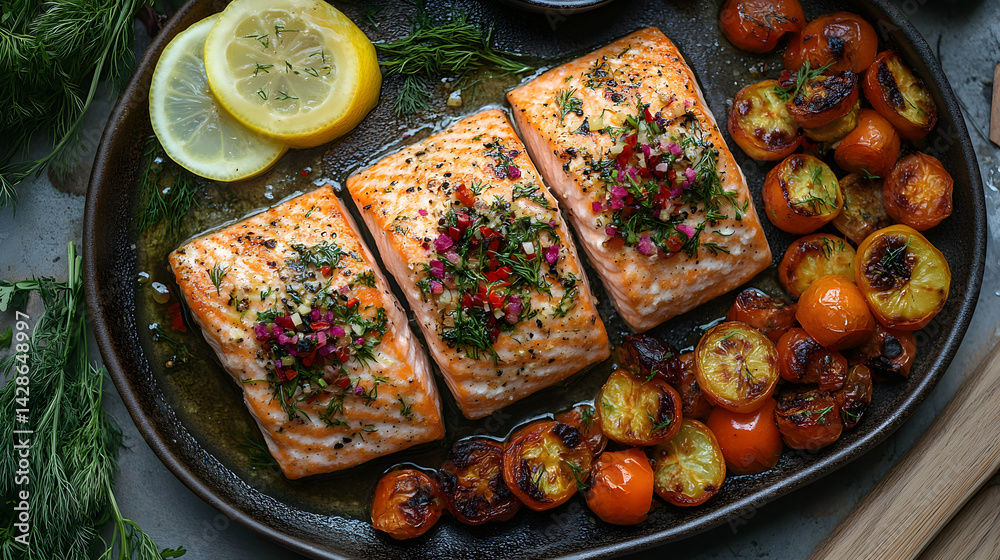 Grilled salmon with lemon and dill served with roasted vegetables