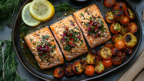 Obraz na płótnie Grilled salmon with lemon and dill served with roasted vegetables w salonie