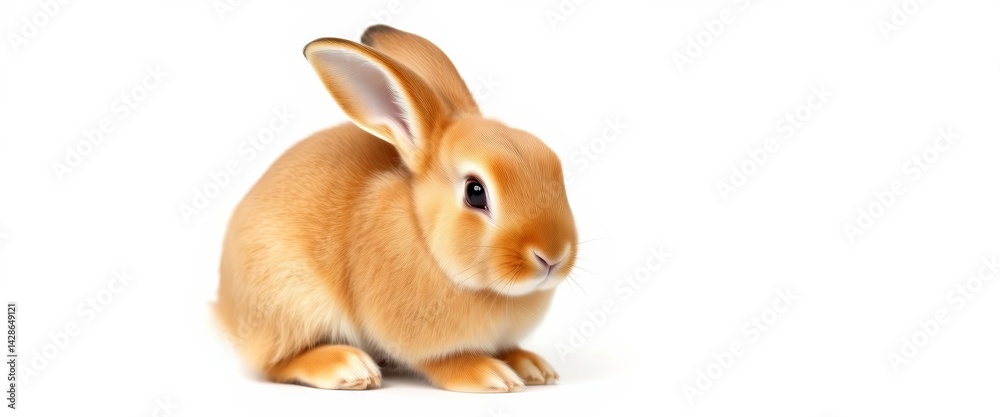 Fototapeta premium Adorable red-brown bunny sitting on white background, sitting, pet rabbit
