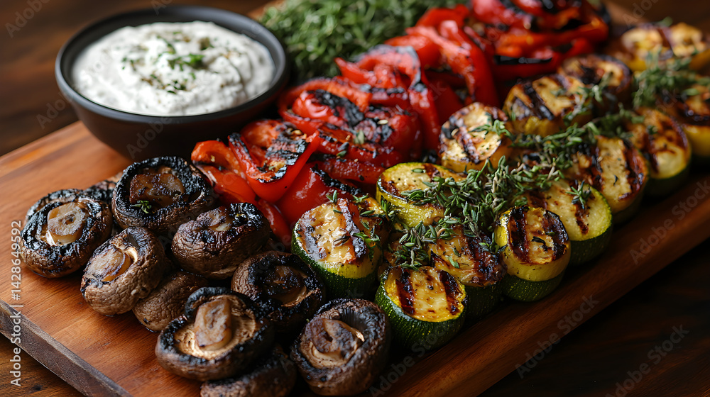 Grilled vegetable platter with zucchini, peppers, and mushrooms served with dip