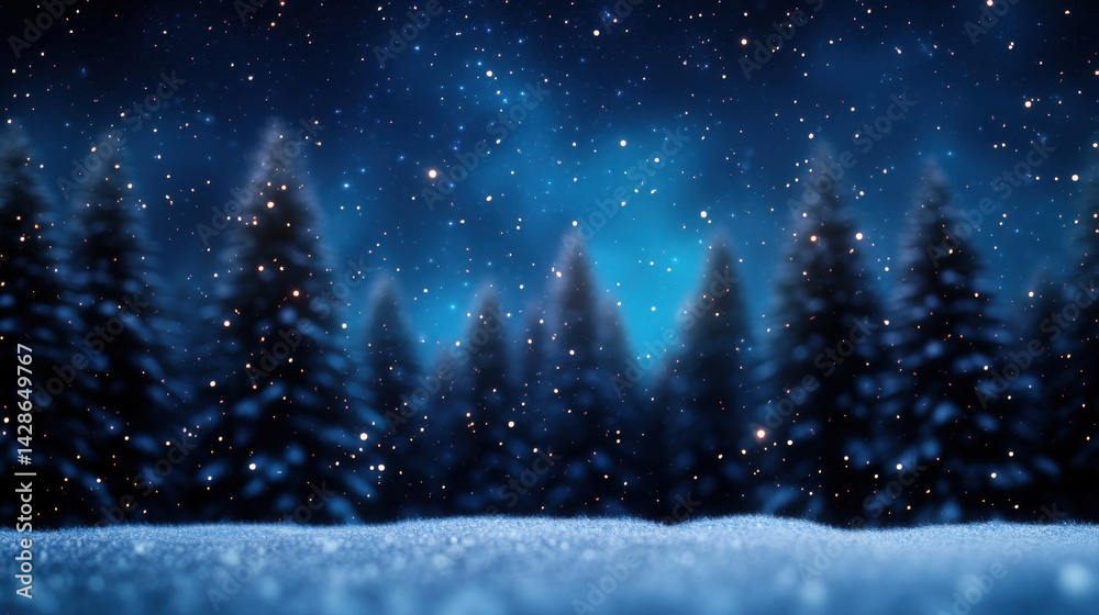 Naklejka premium serene winter landscape featuring softly falling snowflakes against backdrop of dark evergreen trees. scene evokes sense of calm and tranquility, perfect for winter themed projects