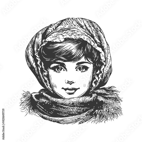 Young Woman In Headscarf Black And White Silhouette Illustration. Traditional Cultural Attire And Feminine Beauty. Isolated Vector Illustration