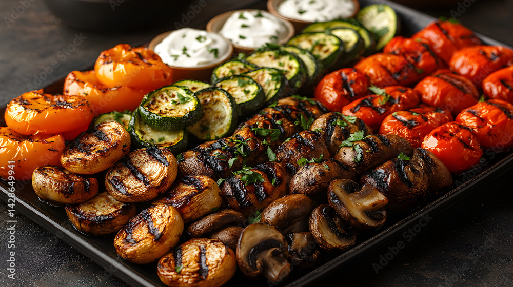 Grilled vegetable platter with zucchini, peppers, and mushrooms served with dip