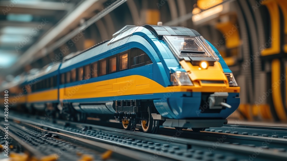 A blue and yellow passenger train model, on a track in a dimly lit train depot. A blue and yellow passenger train model, on a track in a dimly lit train depot.