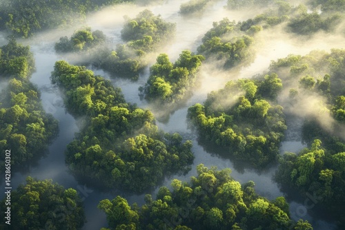Aerial view of lush green islands surrounded by misty waters at dawn, evoking tranquility