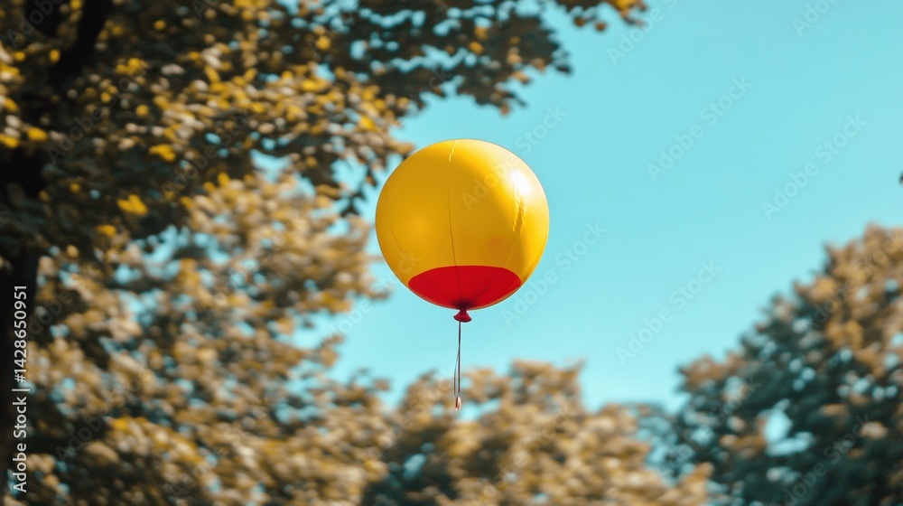 Bright Yellow Balloon Floating Above Green Trees Against Blue Sky