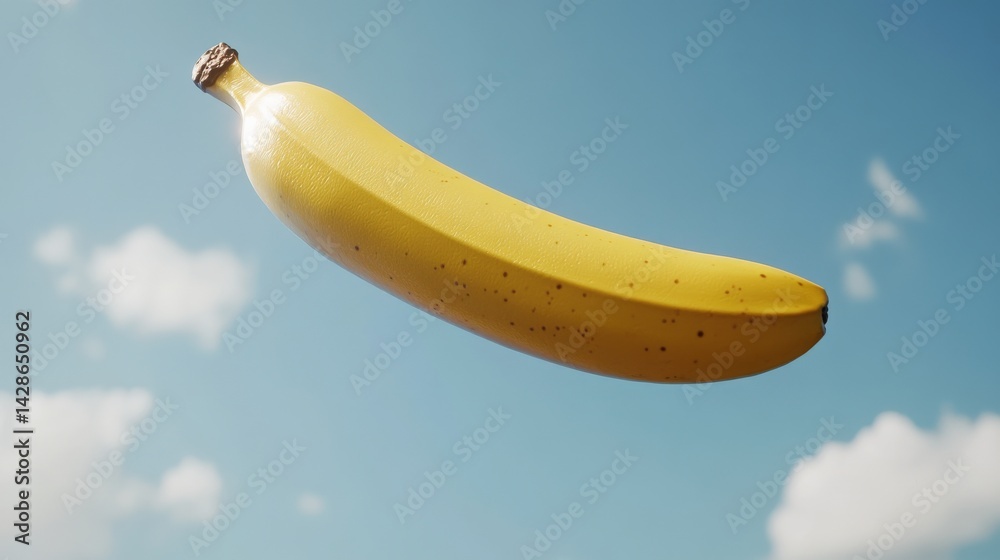 Bright Yellow Banana Floating Against a Blue Sky Background
