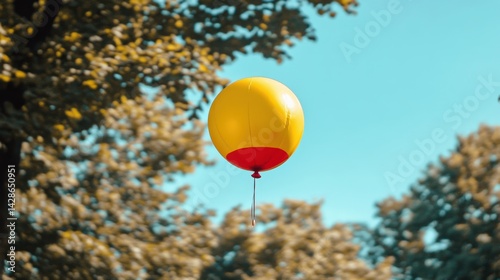 Obraz na płótnie Bright Yellow Balloon Floating Above Green Trees Against Blue Sky w salonie