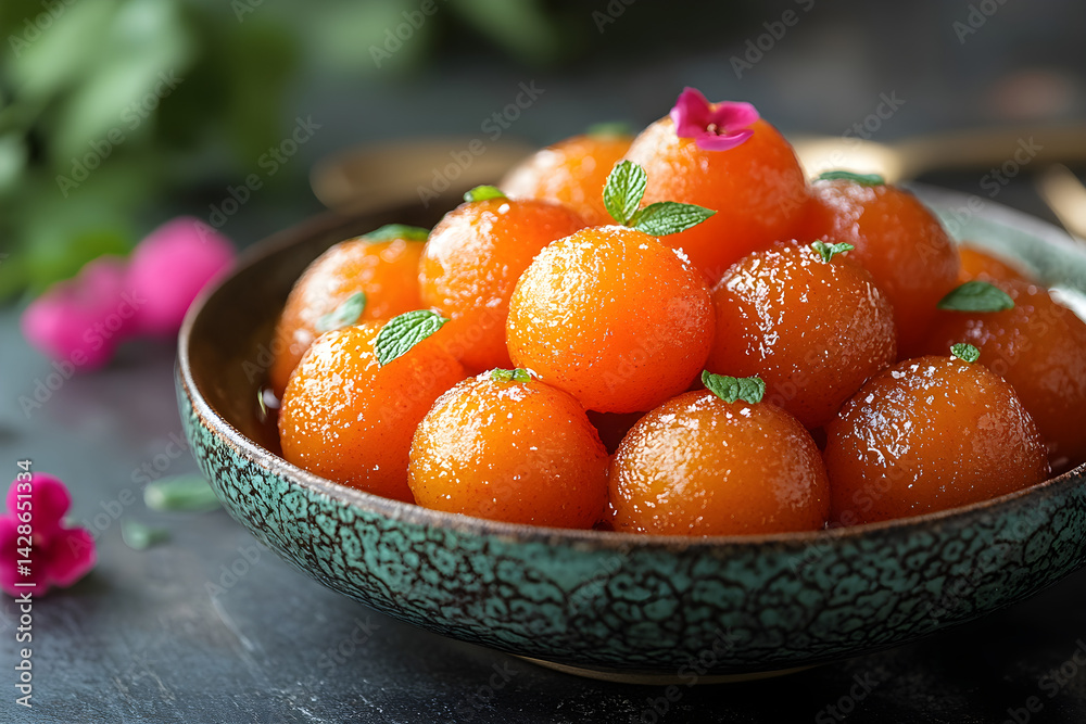 Gulab Jamun styled on dark grey background with clean plating and props