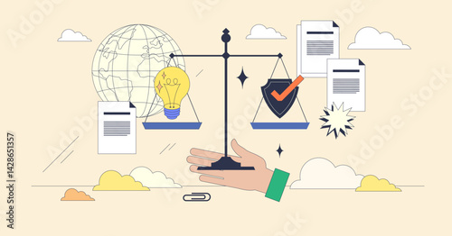 Responsible AI is shown by a hand balancing a scale with a lightbulb and shield, symbolizing ethics and innovation. Neubrutalism hands concept