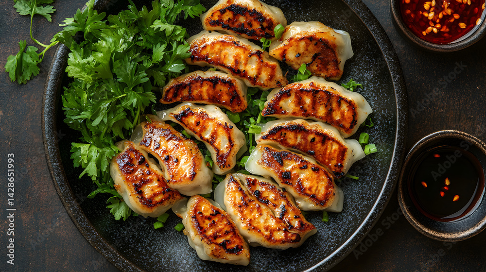 Gyoza served on dark grey textured plate with fresh garnish top view