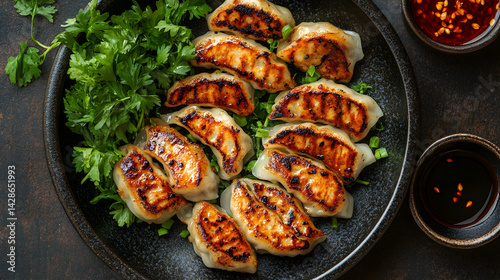 Obraz na płótnie Gyoza served on dark grey textured plate with fresh garnish top view w salonie