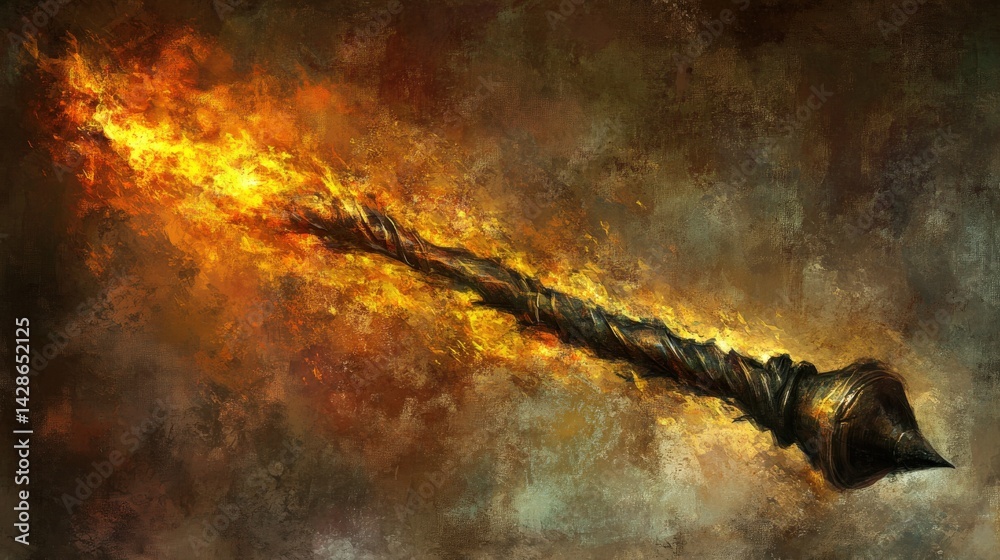 Burning Magical Staff Casting Fiery Spell in Dark Background
