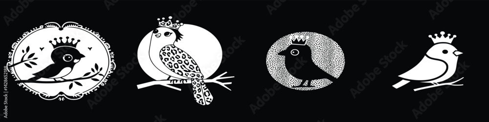 Naklejka premium Black and white cartoon bird illustrations with crowns sitting on branches vector set