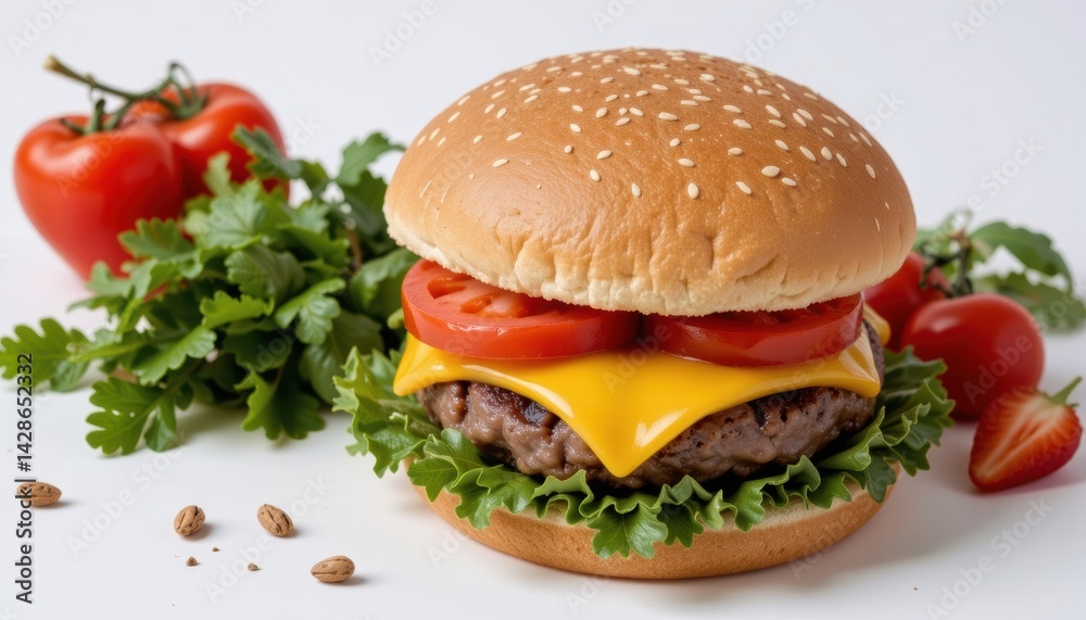 Delicious cheeseburger with fresh toppings and garnish. Delicious cheeseburger with fresh toppings and garnish.