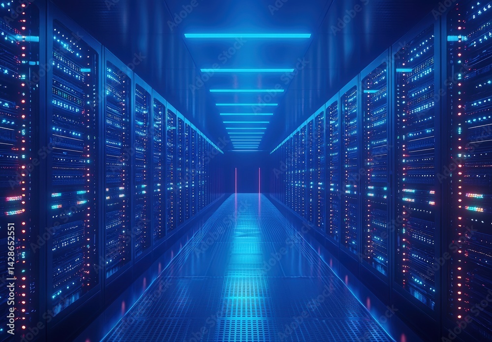 Fototapeta premium Symmetrical data center hallway glowing in vibrant blue with rows of illuminated server racks. Great for IT services, tech branding, and digital infrastructure visuals