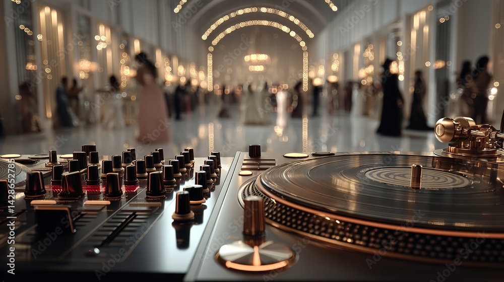 Obraz premium Golden-Toned 3D DJ Setup in Elegant Venue with People Dancing in the Background – Music and Celebration Scene