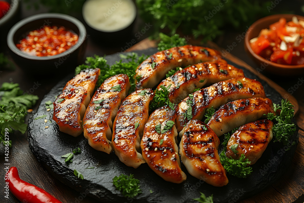 Gyoza styled on rustic black stone table with side ingredients