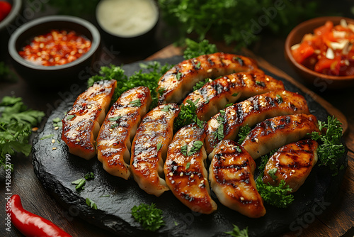 Obraz na płótnie Gyoza styled on rustic black stone table with side ingredients w salonie