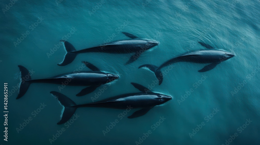 Obraz premium Aerial view of four dolphins swimming gracefully in clear blue ocean waters, showcasing their harmony
