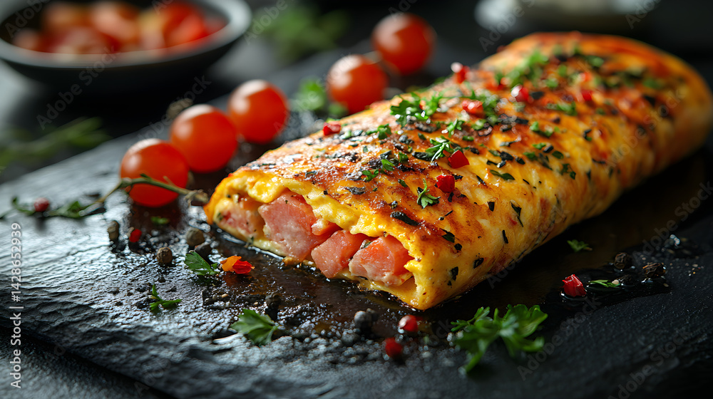 Ham and Cheese Omelette presented on a black textured surface with elegant side garnishing