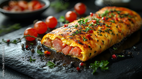 Obraz na płótnie Ham and Cheese Omelette presented on a black textured surface with elegant side garnishing w salonie