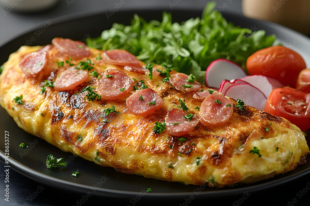 Ham and Cheese Omelette styled on dark grey background with clean plating and props