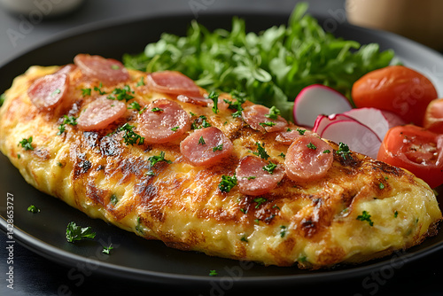 Obraz na płótnie Ham and Cheese Omelette styled on dark grey background with clean plating and props w salonie