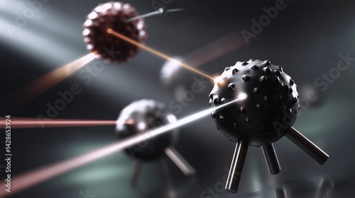 Abstract visualization of the battle against superbugs. Stylized microbes fractured by conceptual treatments like bacteriophages.