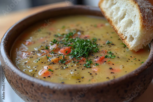 Hearty vegetable soup served in a bowl with a side of fresh bread