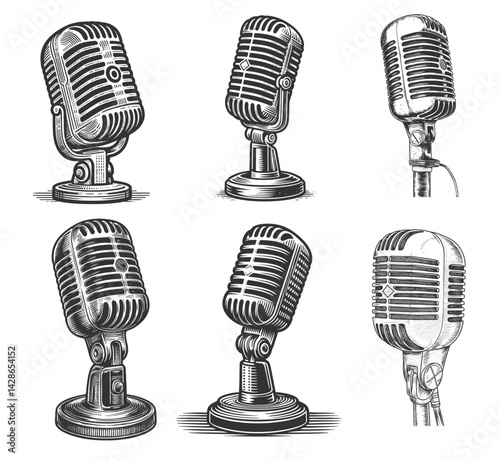 microphones for music, podcasting, broadcasting, or retro audio themes Set collection bundle sketch engraving generative ai vector illustration. Scratch board imitation. Black and white image.