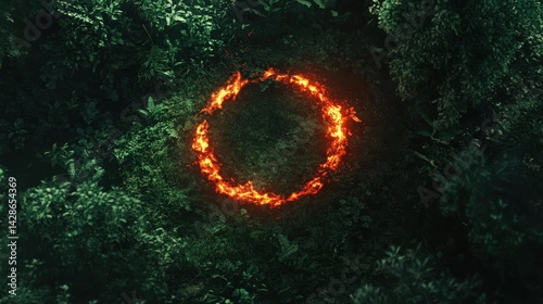 Obraz na płótnie Circular Flame Core Surrounded by Lush Green Forest Floor w salonie