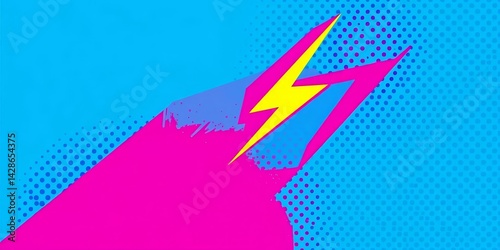 Blue background with a cartoon lightning bolt, pop art style halftone dots, vector illustration, halftone, striking