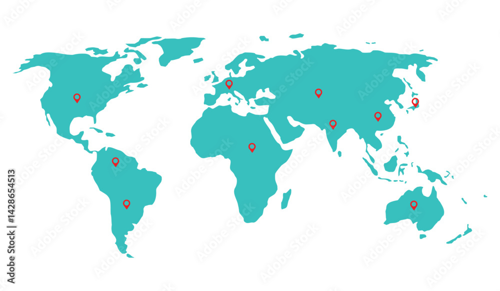 Naklejka premium Green world map with pointers on white background